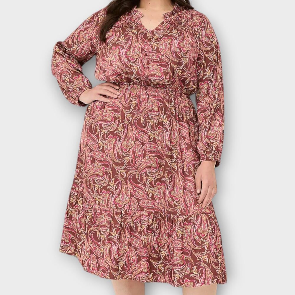 LANE BRYANT Brown Paisley Midi Dress Size 18 Long Sleeve Ruffle Neck Silky Boho